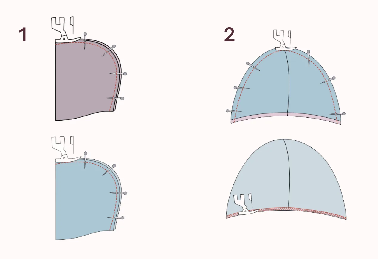 2D sewing illustration — outer hood and lining hood pieces being sewn separately on the LU2COHOUSE Siena Quilt Coat sewing pattern