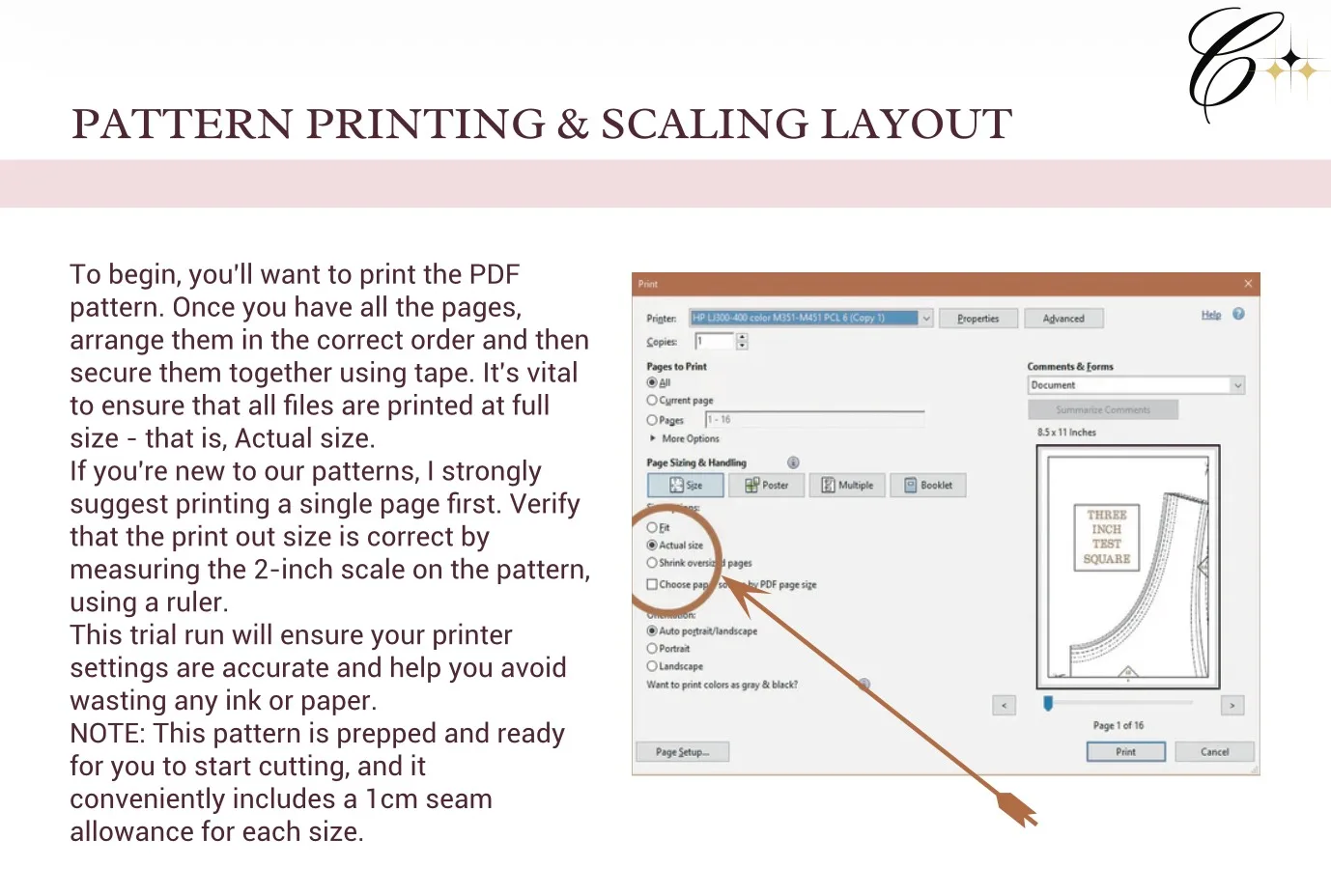 Print dialog screenshot showing Actual Size selected — how to correctly print the Siena Quilt Coat PDF sewing pattern at home