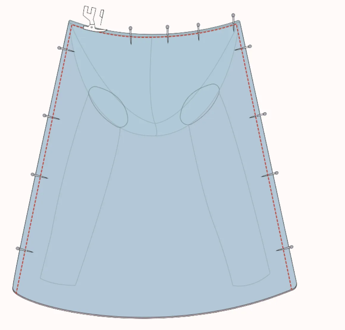 2D sewing illustration — fully assembled lining pinned all around ready to attach on the LU2COHOUSE Siena Quilt Coat sewing pattern