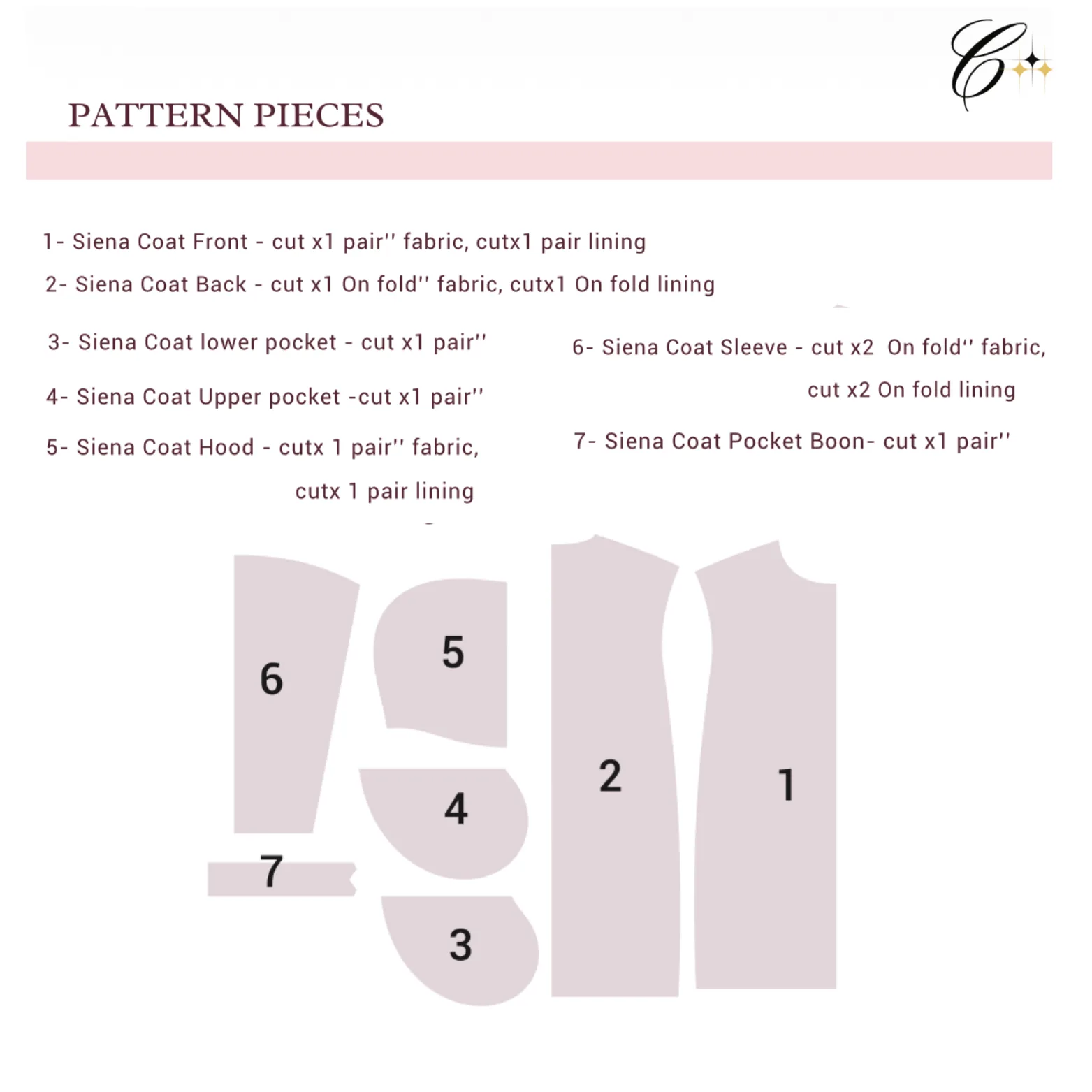 Siena Quilt Coat Sewing Pattern pieces — all sizes included