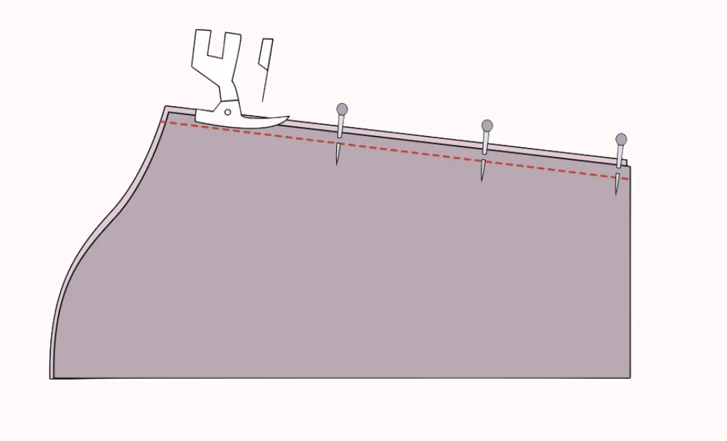 2D sewing illustration — pinning and stitching the sleeve seam on the LU2COHOUSE Siena Quilt Coat sewing pattern