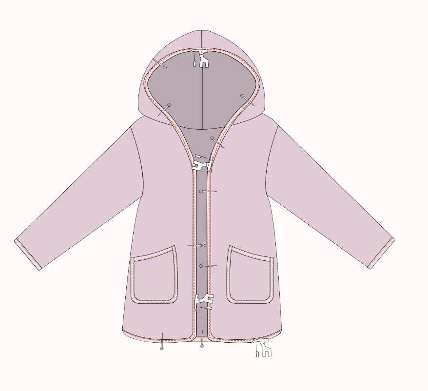 2D sewing illustration — applying bias binding to the front opening, hood, and wrist hems on the LU2COHOUSE Hooded Quilted Jacket sewing pattern