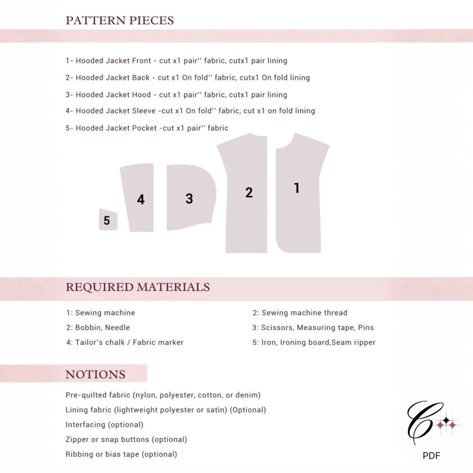 Hooded Quilted Jacket sewing pattern pieces — all sizes included