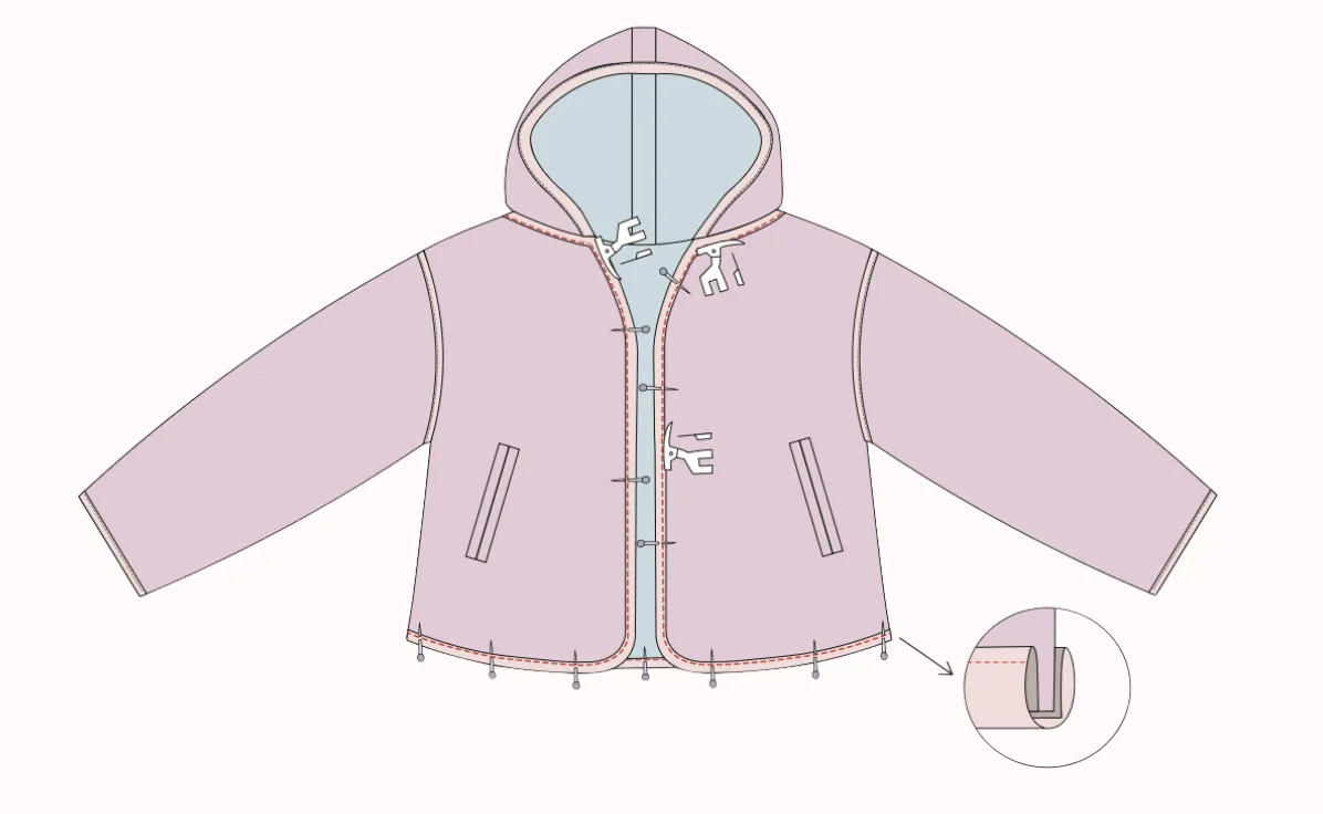 2D sewing illustration — applying bias binding to the front opening, hood neckline, and wrist hems on the LU2COHOUSE Laurel Crop Jacket sewing pattern