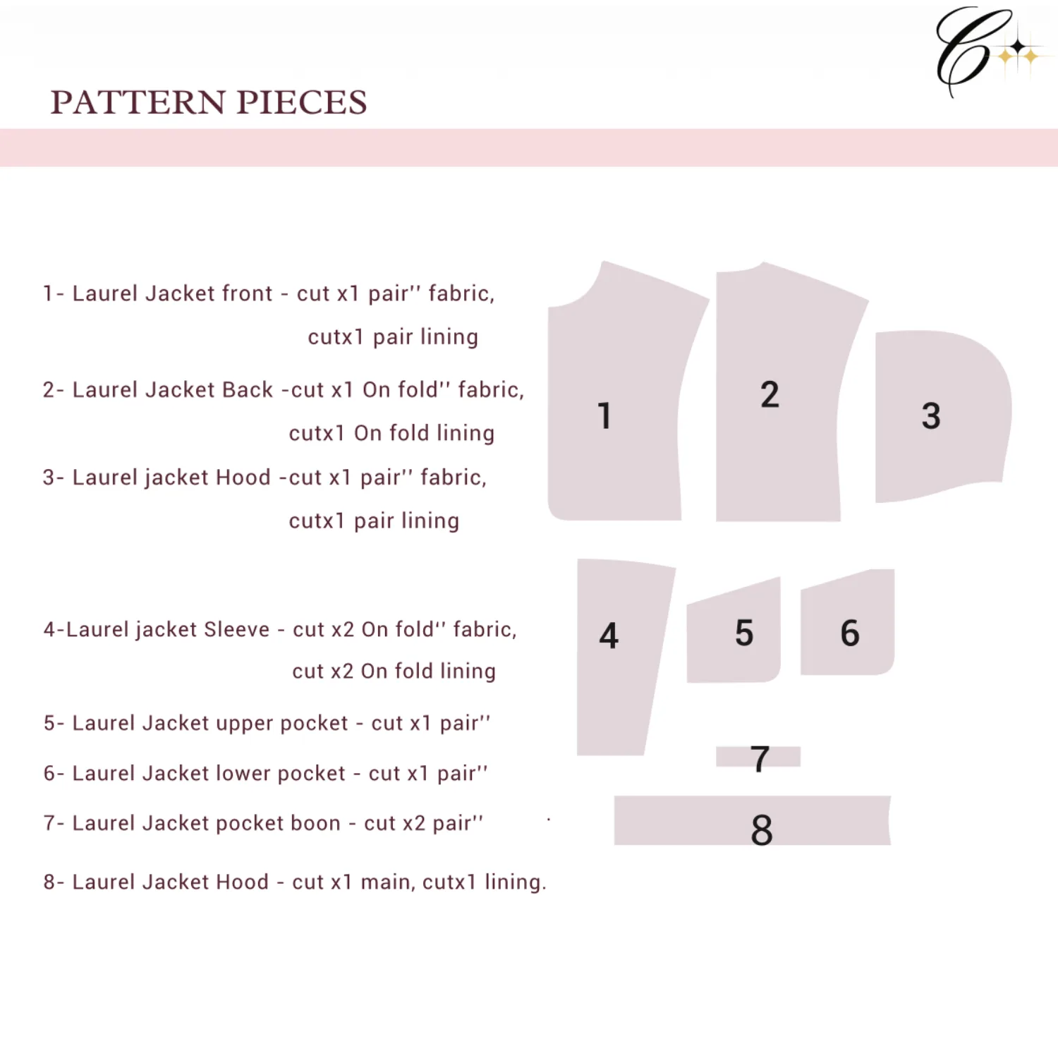 Laurel Crop Jacket sewing pattern pieces — all sizes included