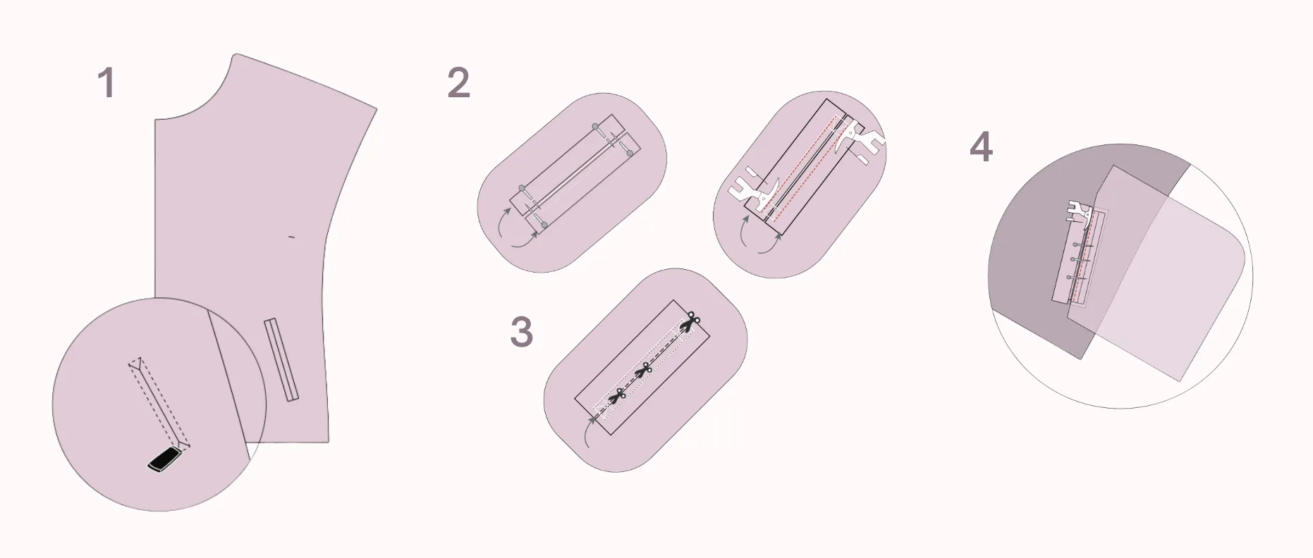 Step-by-step pocket illustrations — angled slit pockets with boon pieces on the LU2COHOUSE Laurel Crop Jacket sewing pattern