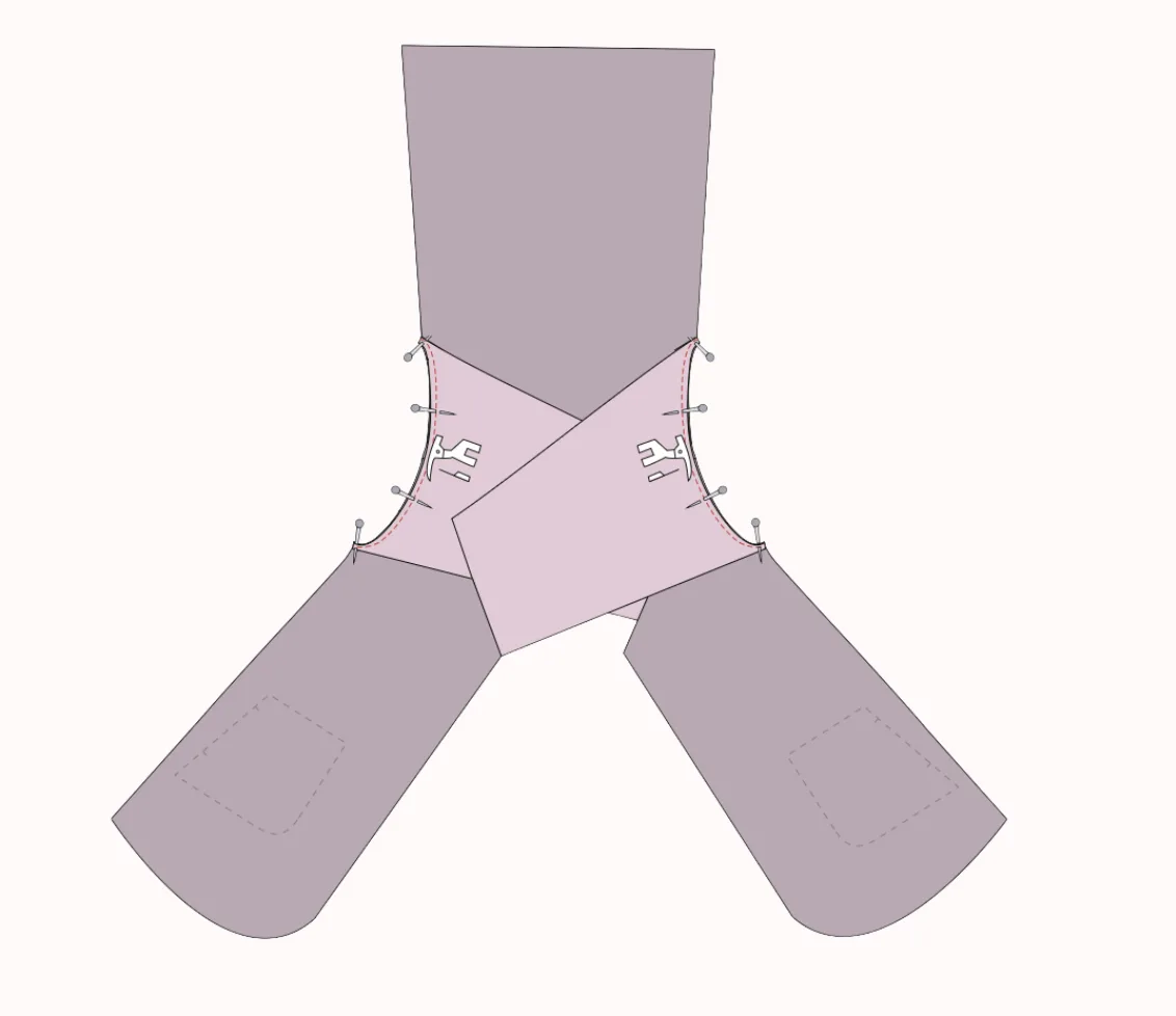 2D sewing illustration — setting in sleeves and bias-binding the armhole seam on the LU2COHOUSE Laurel Crop Jacket sewing pattern