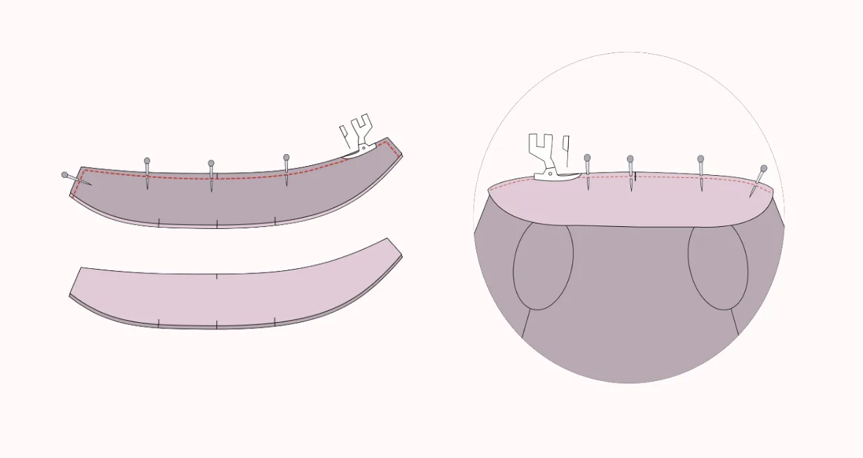 2D sewing illustration — assembling the funnel collar and attaching it to the neckline on the LU2COHOUSE Funnel Neck Quilted Jacket sewing pattern