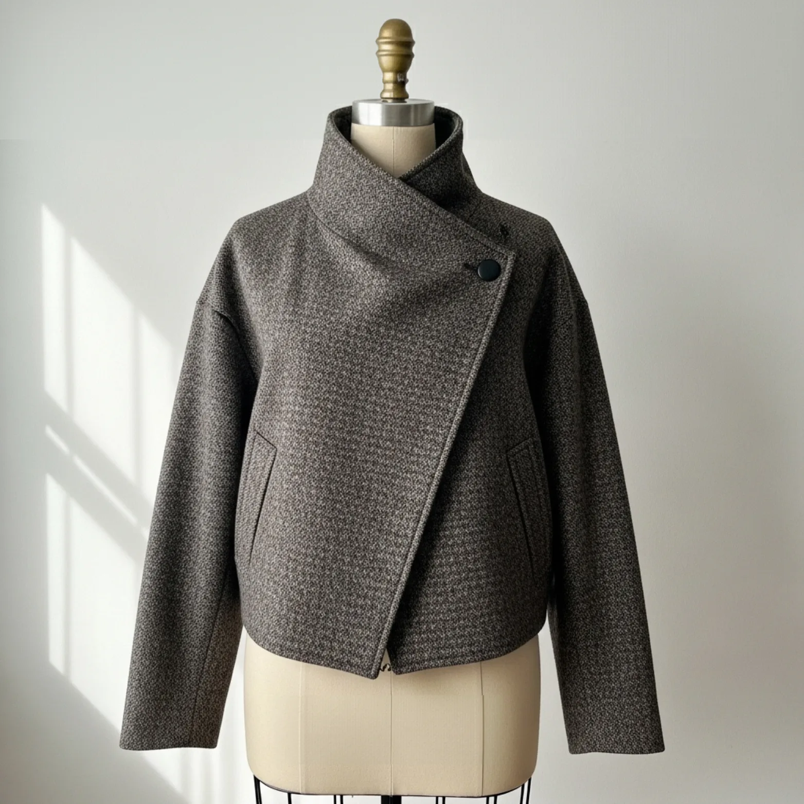 Fabric swatches for the Funnel Neck Quilted Jacket sewing pattern — pre-quilted cotton, denim, wool, velvet options