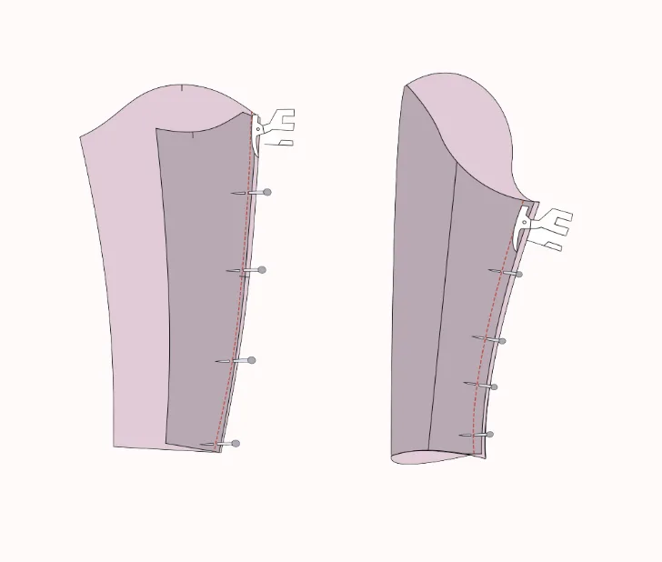 2D sewing illustration — assembling the jacket body and joining front facing on the LU2COHOUSE Funnel Neck Quilted Jacket sewing pattern