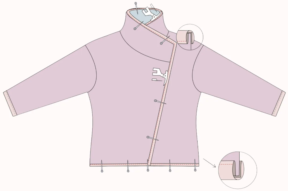 2D sewing illustration — applying bias binding to the front opening, collar, and wrist hems on the LU2COHOUSE Funnel Neck Quilted Jacket sewing pattern