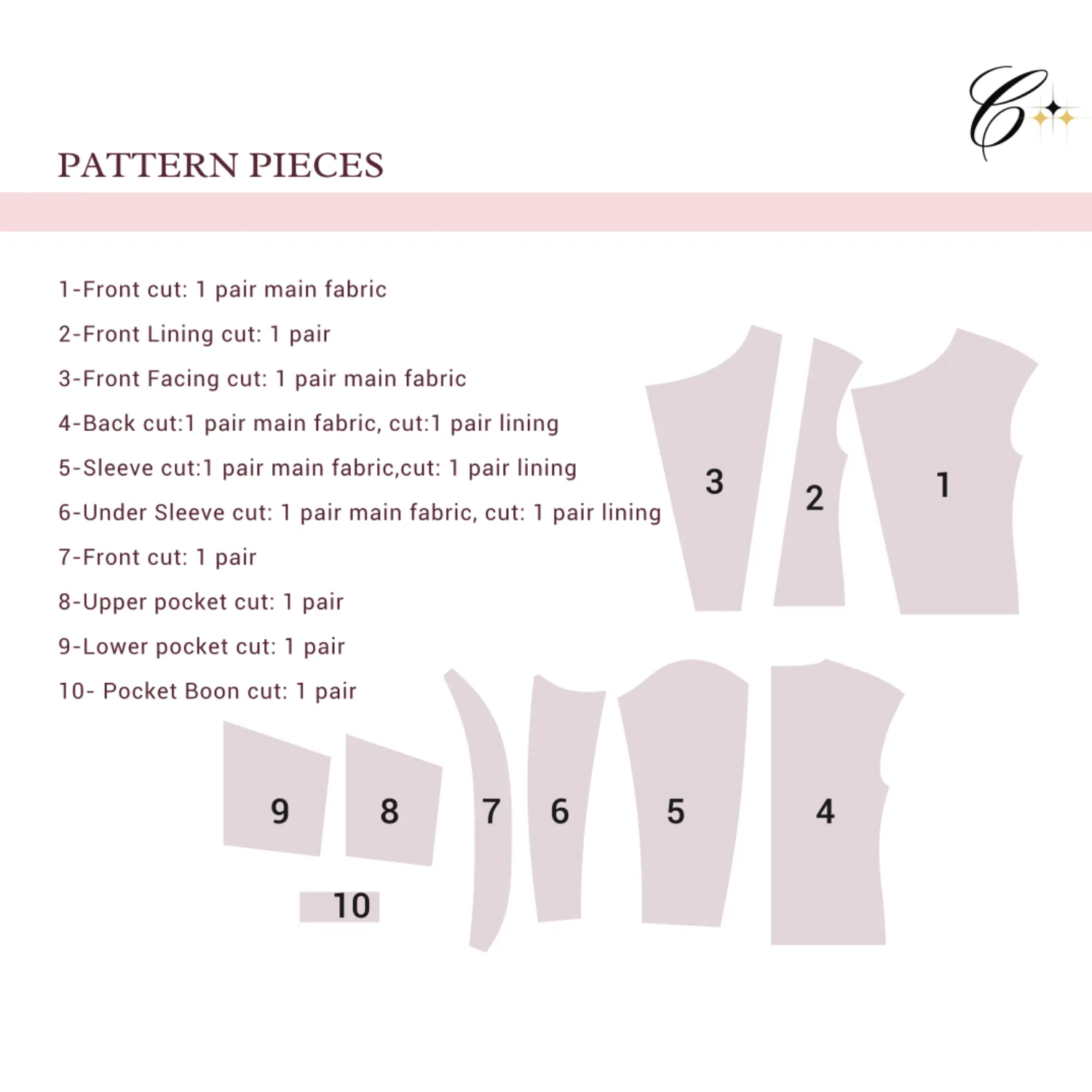 Funnel Neck Quilted Jacket sewing pattern pieces — all sizes included