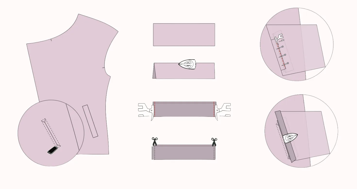 Step-by-step welt pocket illustrations — boon pocket construction on the LU2COHOUSE Funnel Neck Quilted Jacket sewing pattern