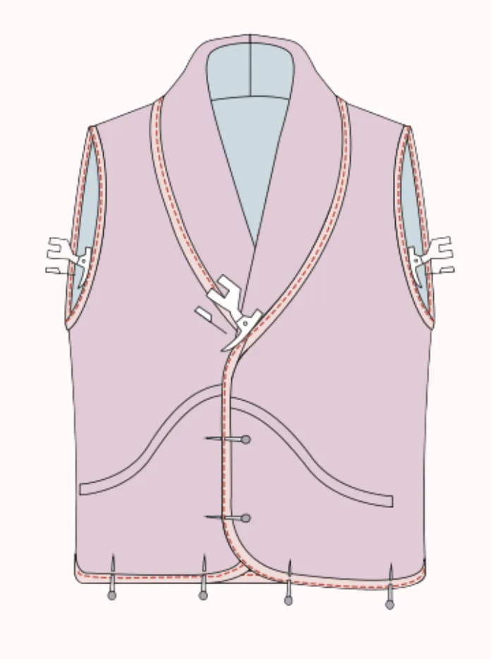 2D sewing illustration — applying bias binding to the collar, front opening, hemline and armholes on the LU2COHOUSE Blossom Quilted Vest sewing pattern