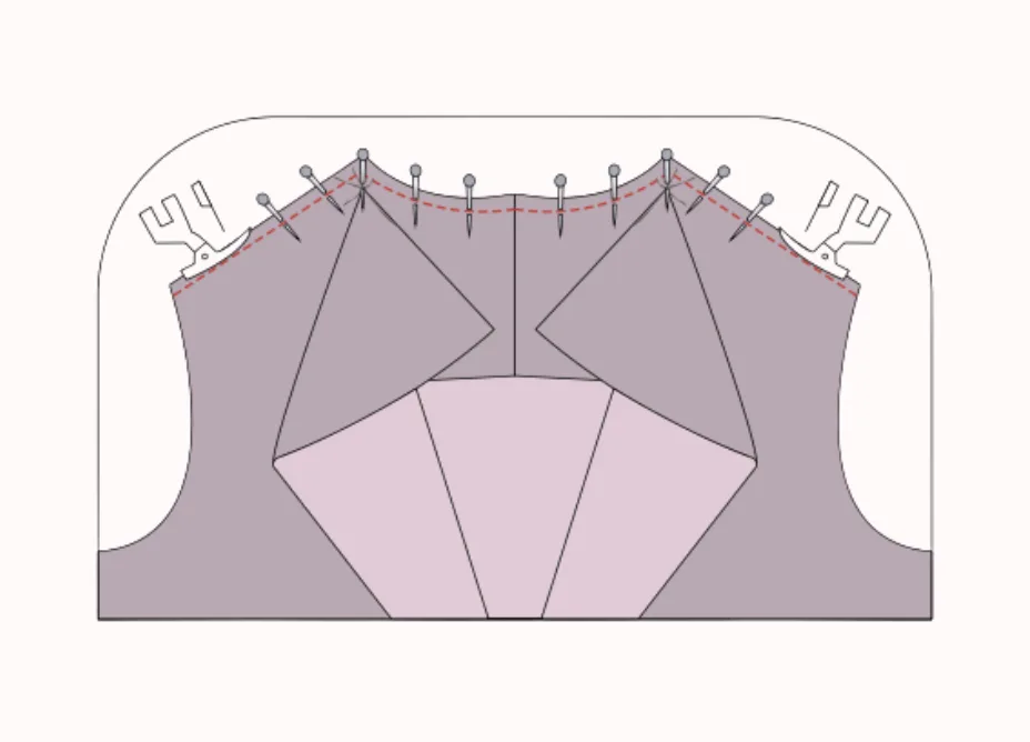 2D sewing illustration — constructing the shawl collar on the LU2COHOUSE Blossom Quilted Vest sewing pattern