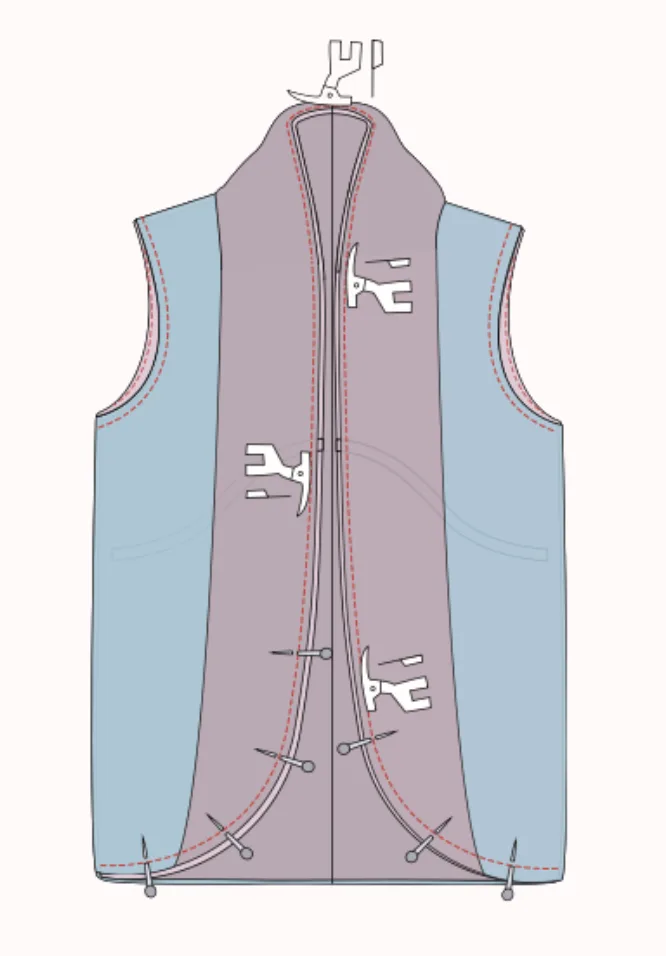 2D sewing illustration — sandwich lining method on the LU2COHOUSE Blossom Quilted Vest sewing pattern