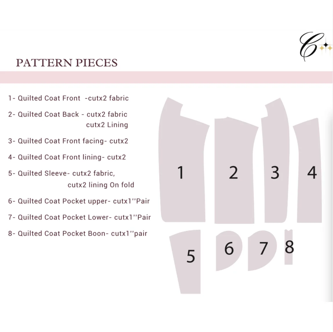 Blossom Quilted Coat sewing pattern pieces — all sizes included