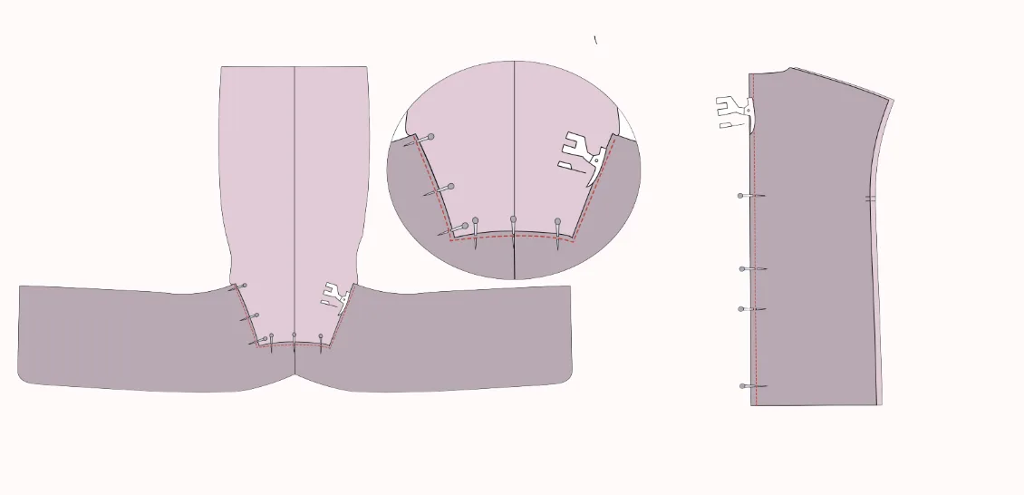 2D sewing illustration — assembling coat body, collar construction and side seams on the LU2COHOUSE Blossom Quilted Coat sewing pattern