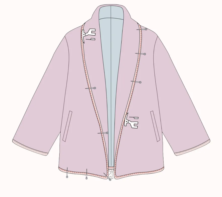 2D sewing illustration — applying bias binding to wrists, front opening, collar and hemline on the LU2COHOUSE Blossom Quilted Coat sewing pattern